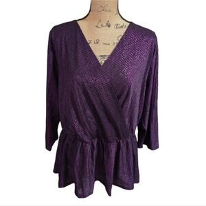 Lane Bryant Purple Metallic Surplice Peplum Sexy Flattering Top Plus Sz 18 20 2X